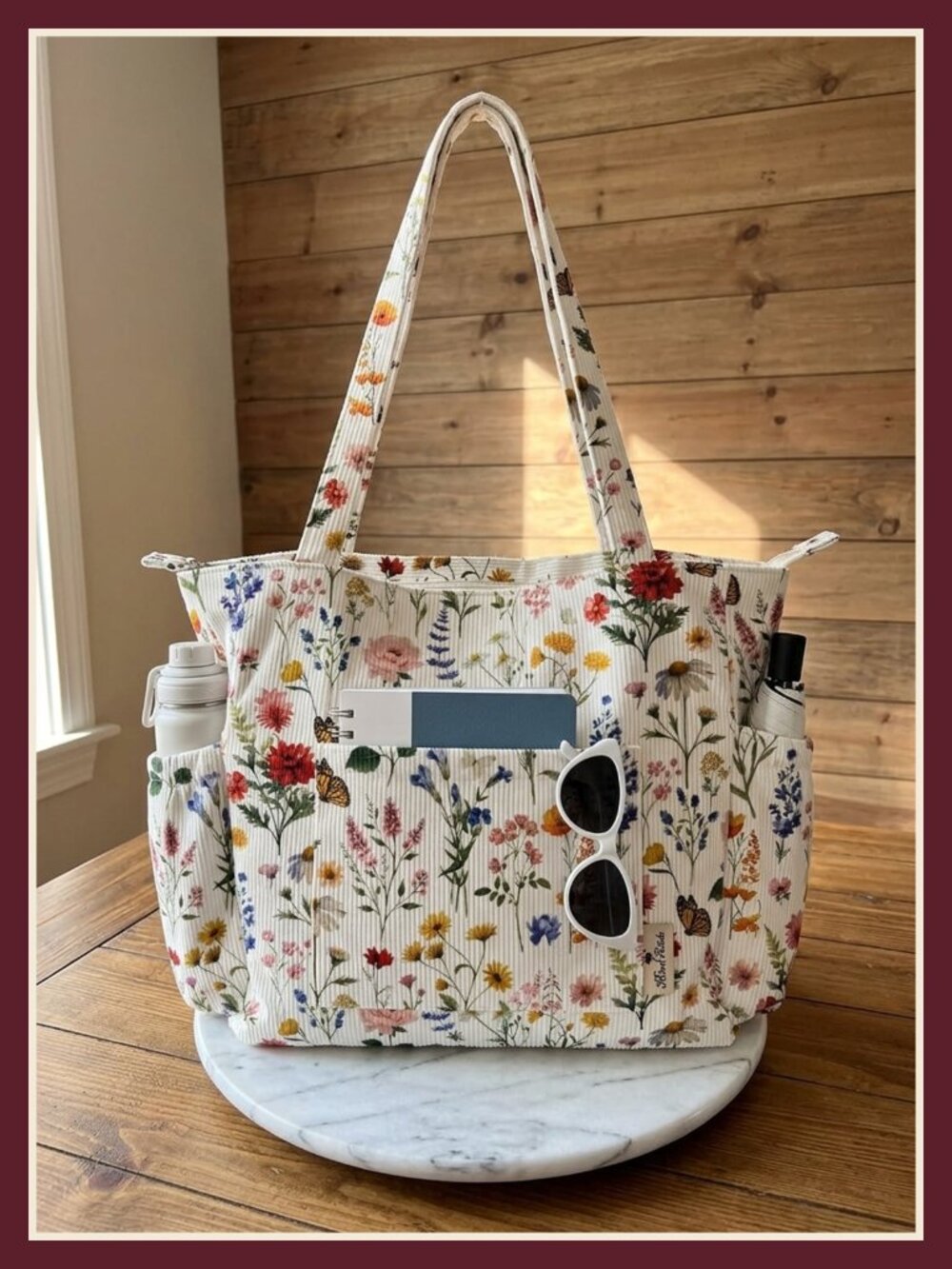 Women's Corduroy Tote Bag Large Zippered Shoulder Bag Floral